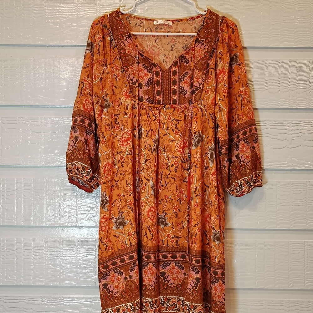Bluetime Women Medium Casual Boho Gypsy Vacation Hippie Dress Orange Floral - Picture 2 of 7
